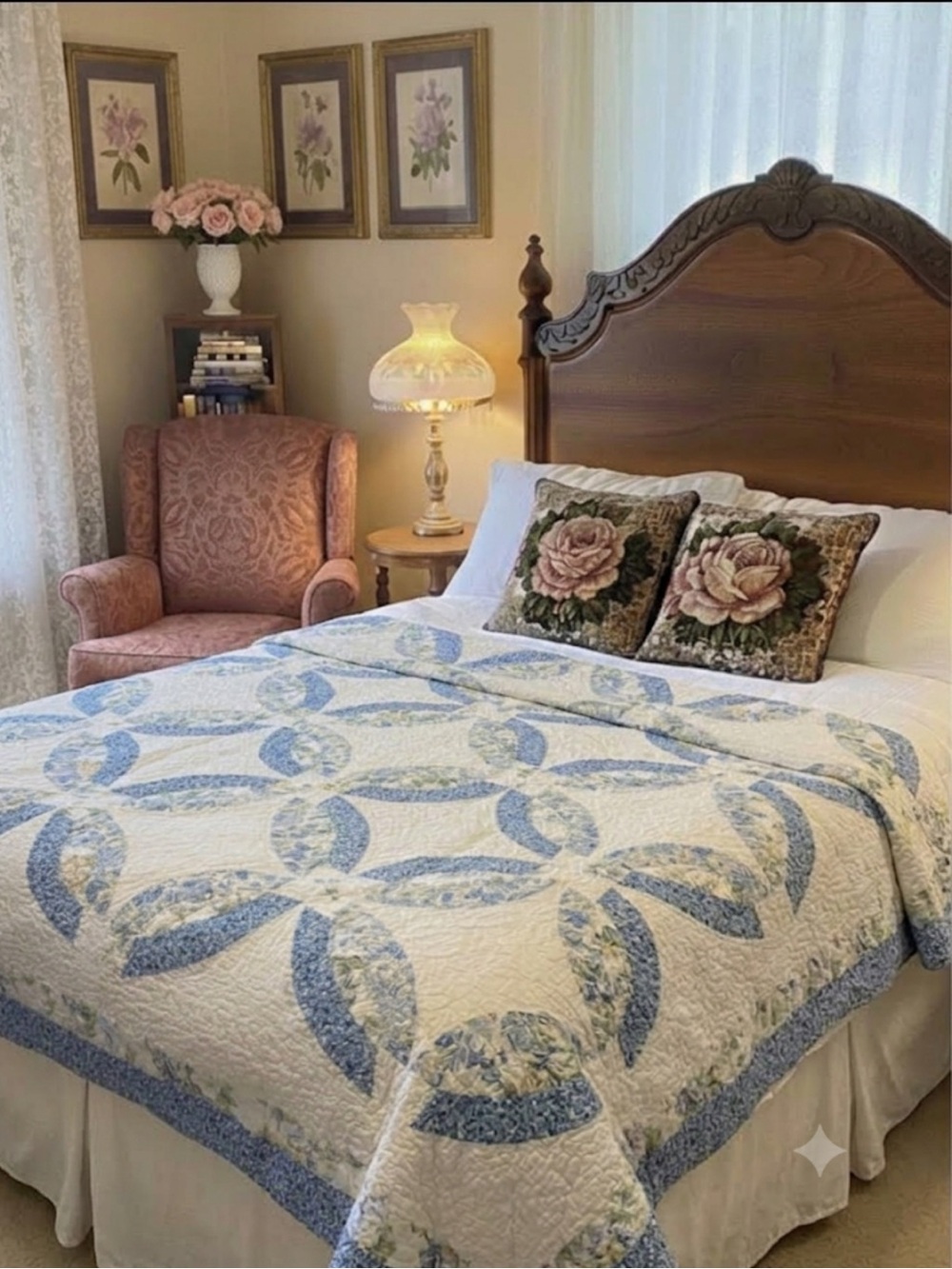 Vintage Quilt Blue Floral Double Wedding Ring Hand Crafted Grandmillennial Home